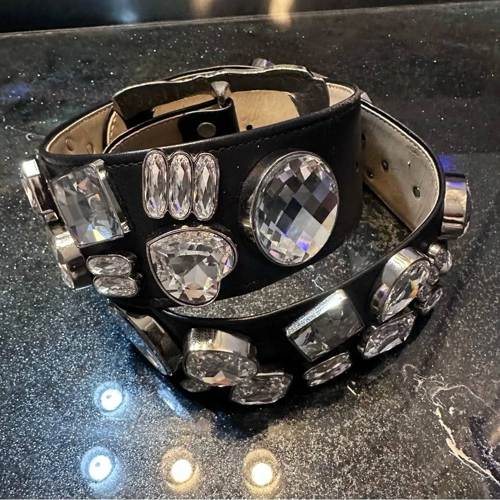 BB Simon Swarovski Crystal Y2K Elegant Black Leather and Silver Embellished Belt